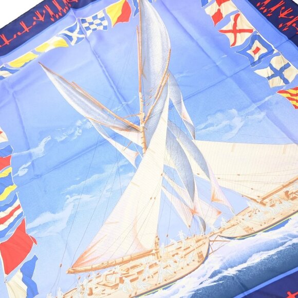 HERMES Logo XL "En Course" Carre 90 Scarf 100% Blue France 63RP008 - Picture 10 of 13